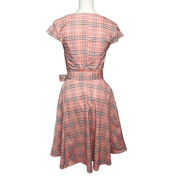 Pink Plaid Fit & Flare Dress With Belted Waist & Cap Sleeves And Pockets Small - Picture 4 of 14